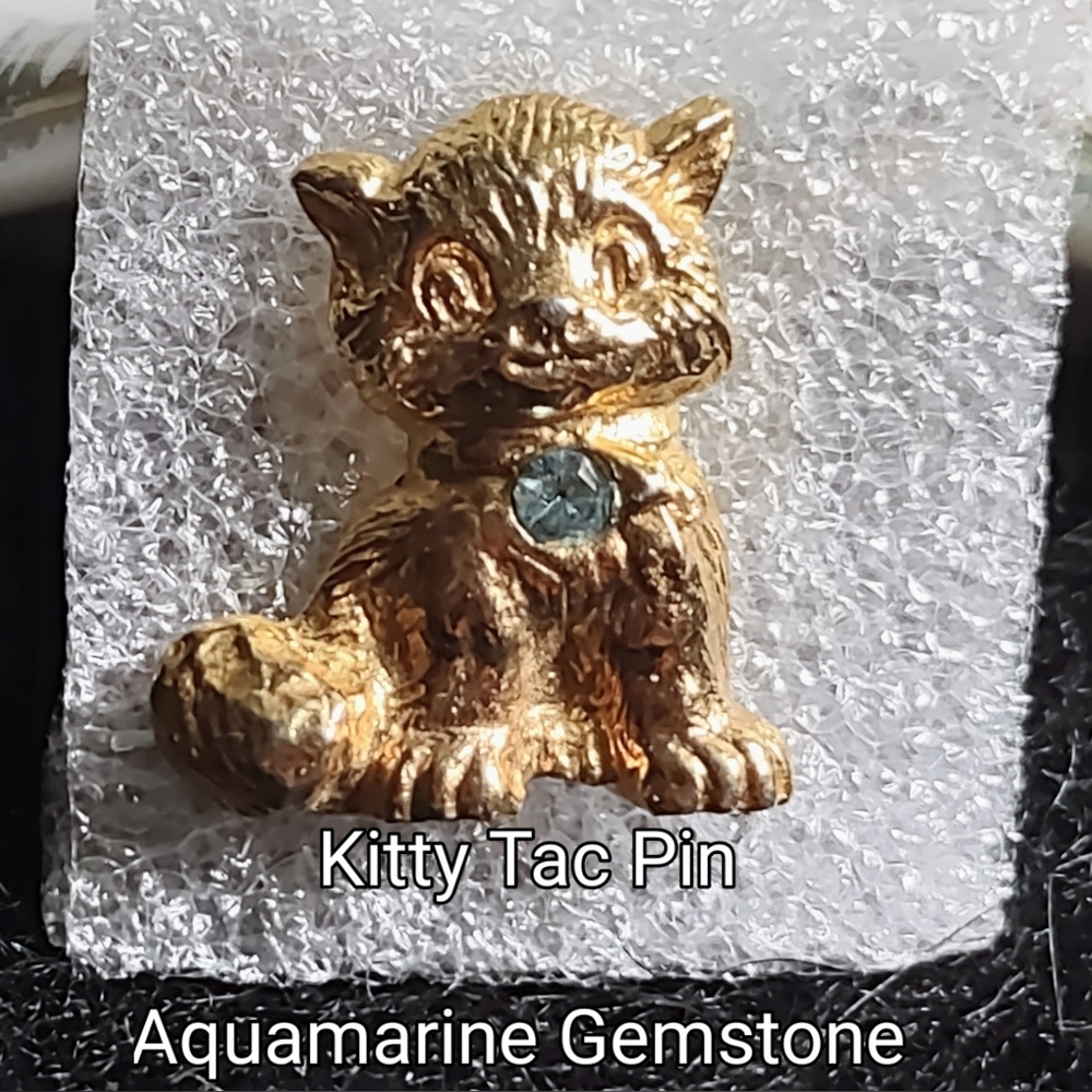 Textured Gold Kitten Tac Pin Goldtone w/ Light Blue Crystal